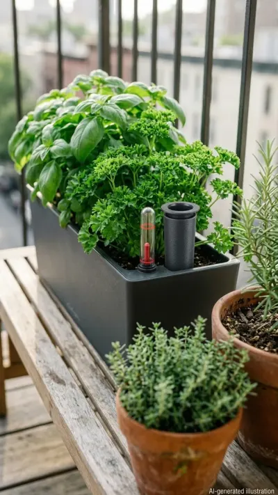 AI-generated illustration of a textured outdoor self-watering herb planter with lush basil and parsley growing on an apartment balcony.