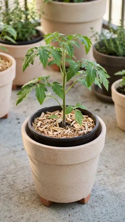 AI-generated illustration of a dark plant container nested inside a pale terracotta pot with pot feet and cedar mulch on a balcony.