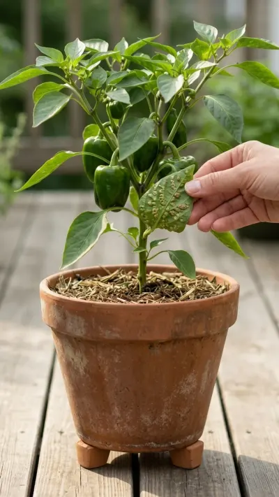 AI-generated illustration showing a potted pepper plant in a terracotta container with morning light on a balcony