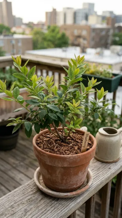 AI-generated illustration of a potted blueberry bush in a textured terra-cotta container with natural morning light illuminating the foliage and bark potting mix.