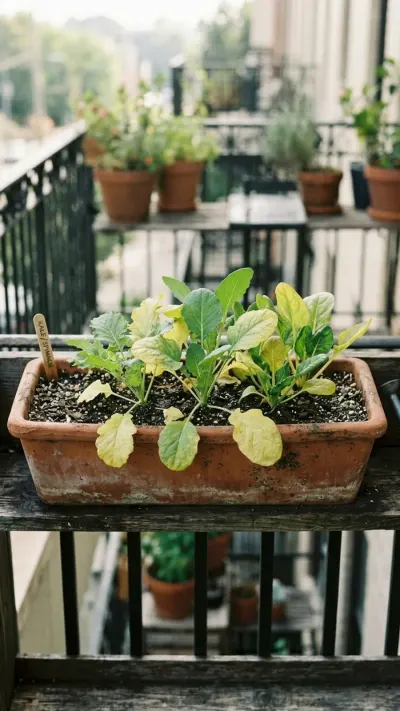 AI-generated illustration of potted leafy salad greens in a terracotta pot with yellowing lower leaves on a wooden surface.