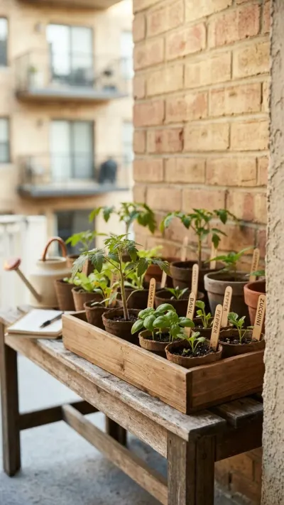 AI-generated illustration showing small vegetable seedlings in a wooden tray on a bench against a balcony wall in soft morning light.