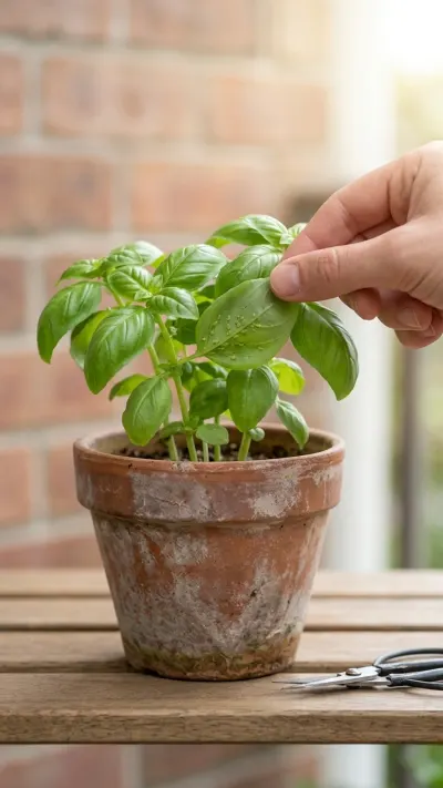 AI-generated illustration of a potted basil plant in a terracotta pot on a balcony table with a hand gently turning a leaf for inspection.
