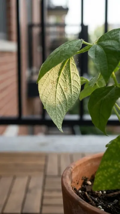 AI-generated illustration of a container-grown bean plant in a terracotta pot on an urban balcony in soft morning light.