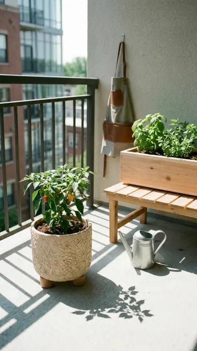 AI-generated illustration showing potted balcony vegetables and herbs positioned near railings in directional morning sunlight.
