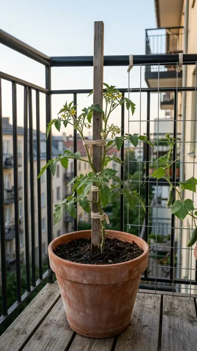 AI-generated illustration of a container-grown tomato plant neatly tied to a wooden stake in a terracotta pot on an apartment balcony.