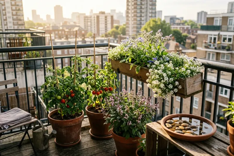 AI concept of a sunny urban balcony garden featuring potted vegetable plants, flowering companion herbs, and a shallow pebble water station.
