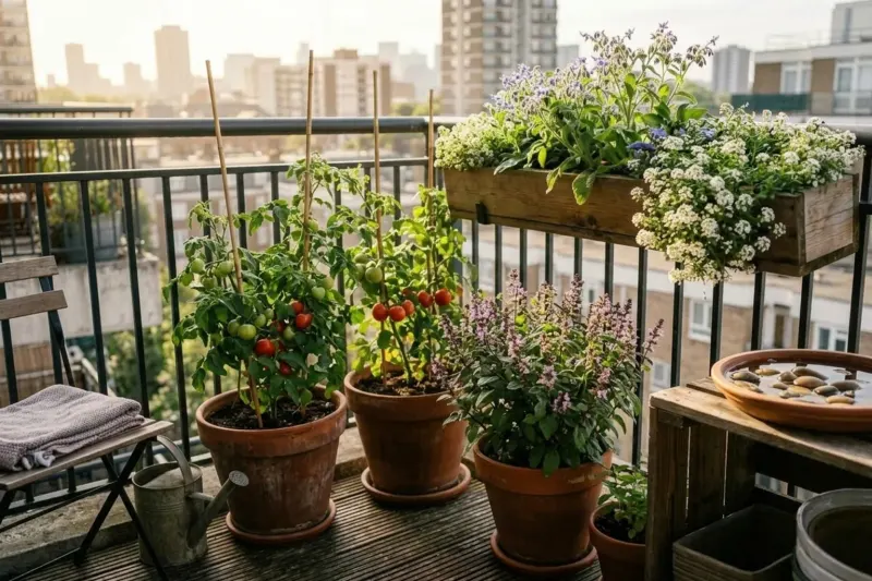 AI-generated illustration of flowering basil in its own pot beside a balcony tomato plant.