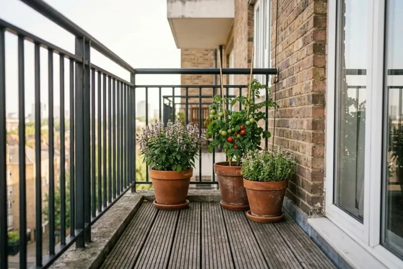 AI-generated illustration of garden pots near a balcony wall with an open walkway.