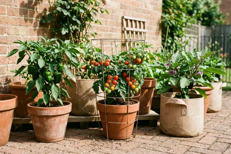 AI concept illustration of a sun-drenched brick patio featuring compact container vegetables including bush tomatoes, bell peppers, and eggplant in large pots.