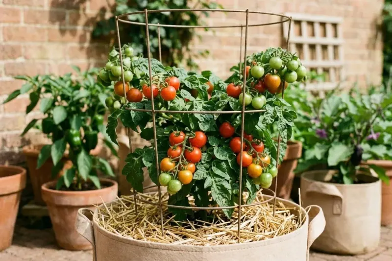Close-up view of a determinate bush tomato in a light-colored 5-gallon container with straw mulch and a wire cage on a brick patio.