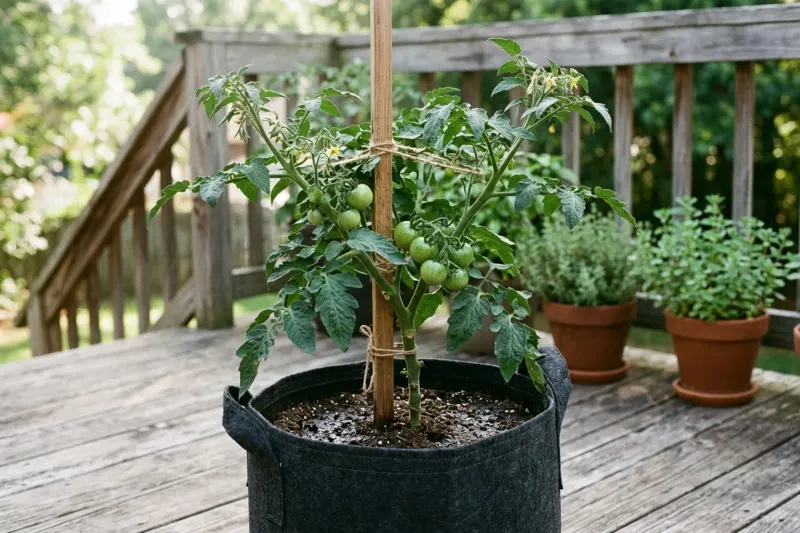 AI concept illustration of a potted tomato plant growing in a fabric container on an outdoor deck in morning sunlight.