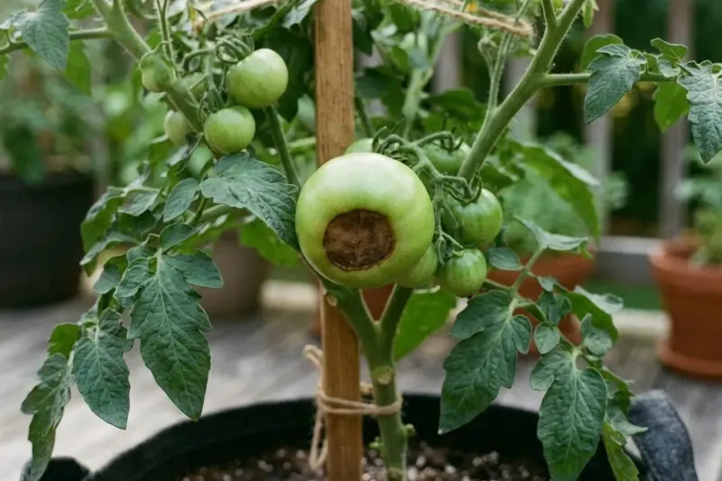 AI concept illustration showing a green container tomato with a distinct, sunken leathery blossom-end rot patch at its base.