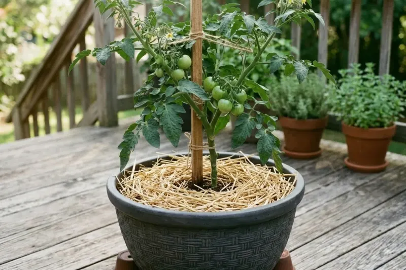 AI concept illustration of a potted tomato root zone covered with an even layer of straw mulch to stabilize moisture.
