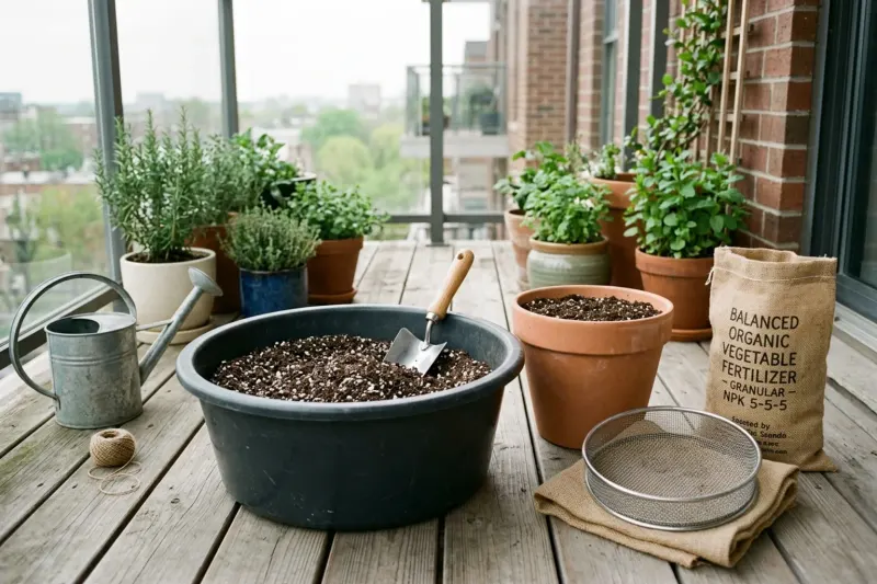 Uniformly blended potting mix containing perlite and compost inside a mixing tub beside a clean planting container and hand trowel.