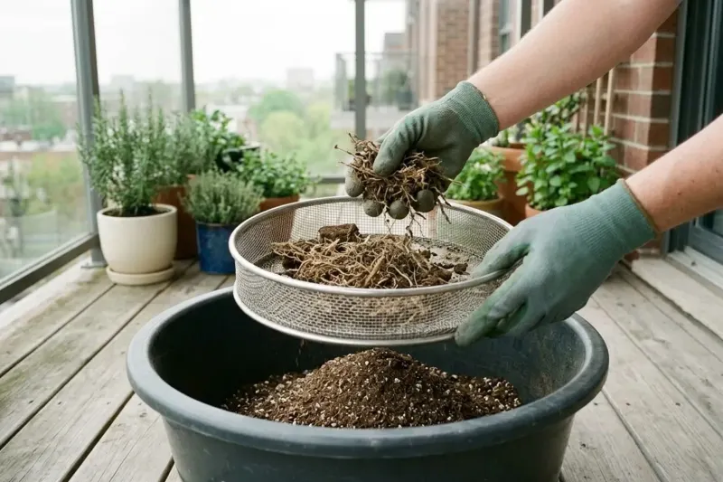 Hands sifting dry potting mix through a wire mesh screen over a utility tub on a balcony, separating old root tangles.