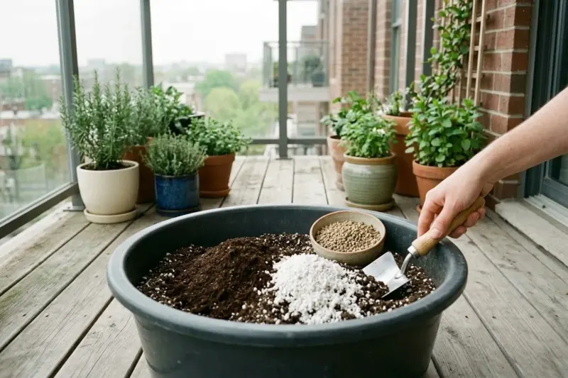 Sifted potting mix, dark compost, and coarse white perlite being blended together with a hand trowel in a utility tub.
