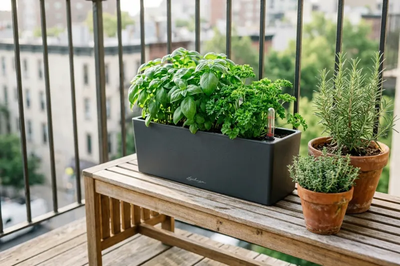AI concept illustration of a balcony garden bench showing a rectangular grey self-watering planter with basil alongside separate terracotta pots.