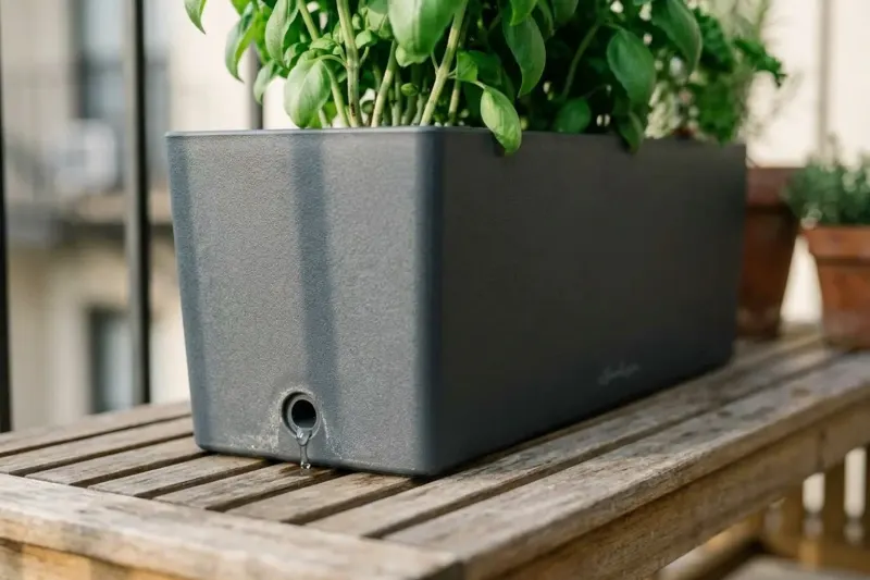 AI concept illustration showing a close-up of an exterior overflow weep hole and water indicator tube on a container planter.
