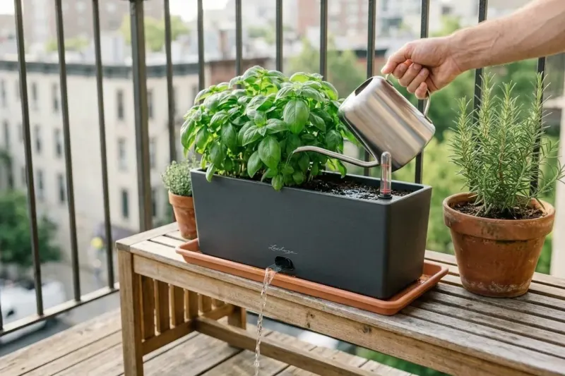 AI concept illustration showing top-down watering through potting media to flush fertilizer salts out of a container.