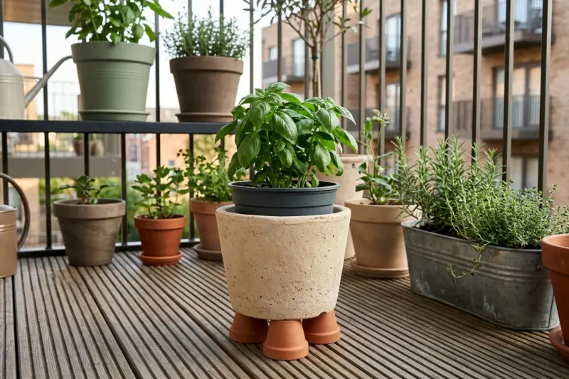 Dark balcony container nested inside a light-colored outer pot in morning sunlight.