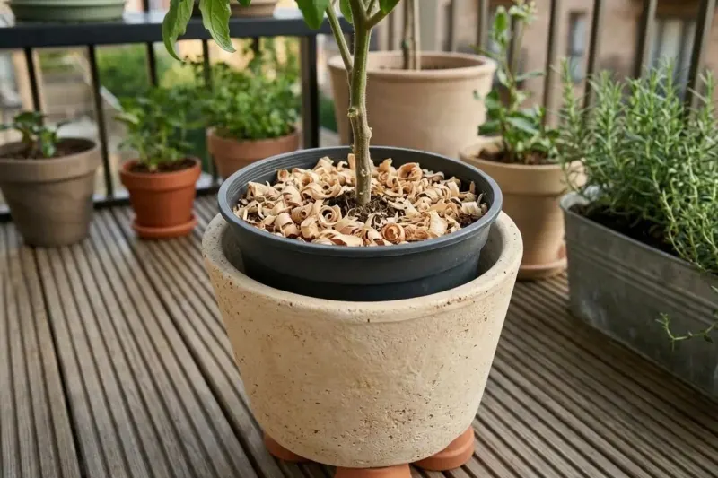 Inner dark container positioned within a pale outer pot with an insulating perimeter gap.