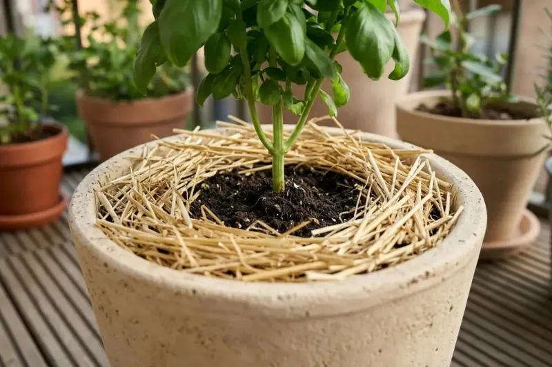 Layer of straw mulch shielding container potting mix while kept clear of the plant stem.