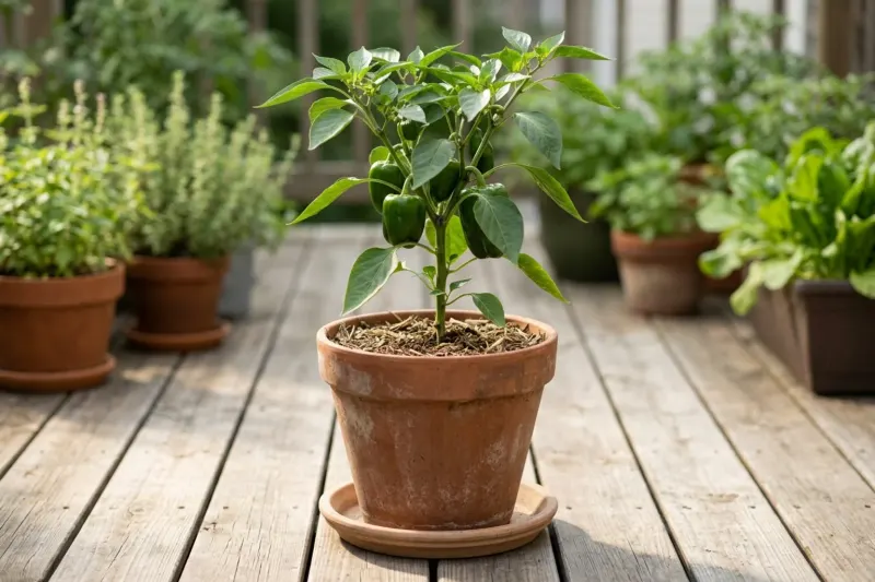AI concept illustration showing a container bell pepper plant growing in natural morning light on an outdoor patio.