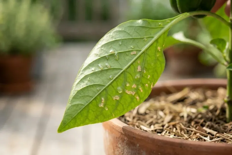 AI concept illustration showing the underside of a container pepper leaf with raised, translucent edema blisters between leaf veins.