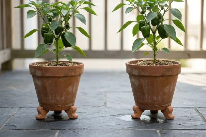 AI concept illustration showing container peppers elevated on pot feet and spaced apart on an outdoor balcony for ventilation.