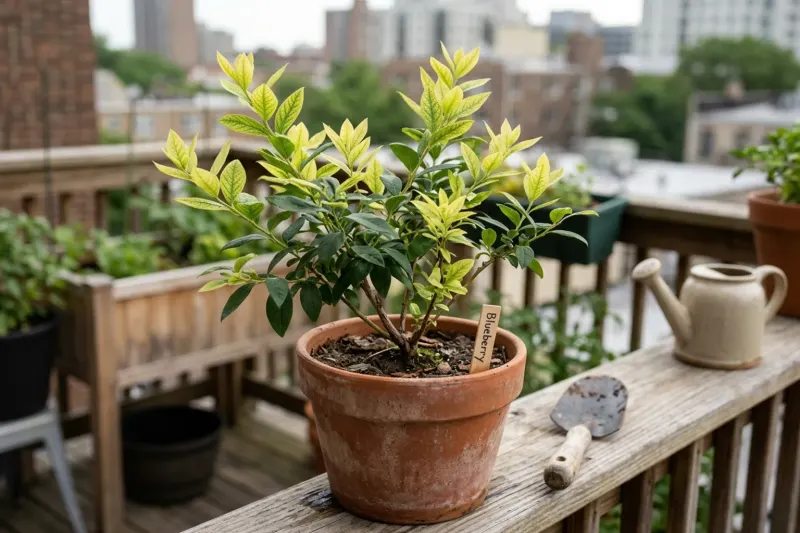 AI concept illustration of a potted blueberry bush in morning light showing yellowing leaves with green veins on new shoots.