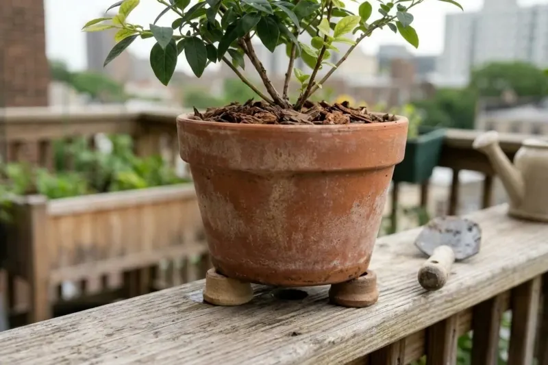 AI concept illustration showing a blueberry container raised on pot feet to ensure water drainage and airflow.