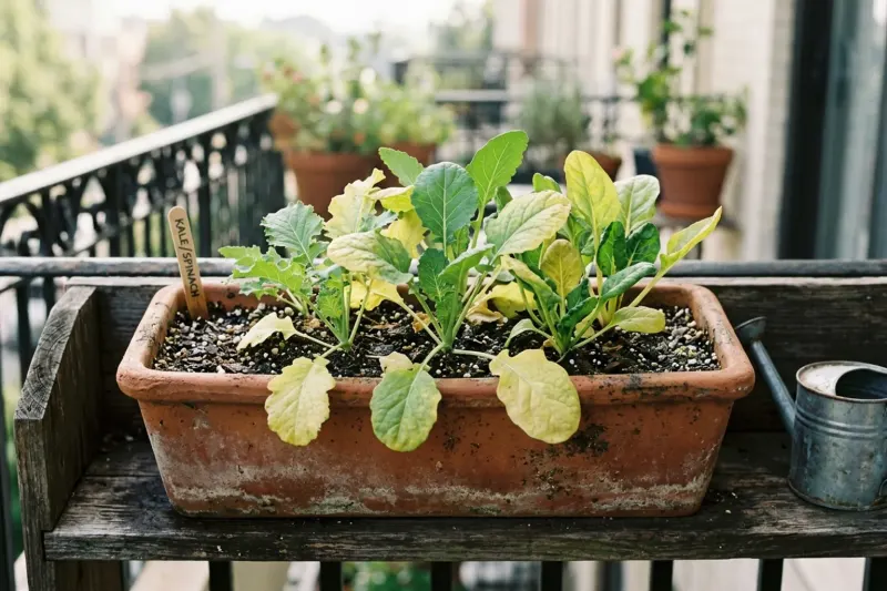 Container-grown leafy greens showing pale yellow lower leaves and healthy green central leaves in a balcony trough planter.