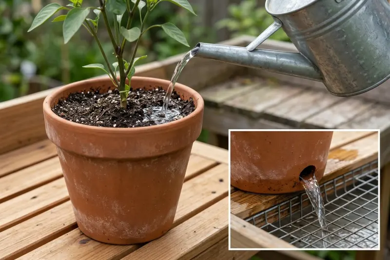A potted pepper plant on a slatted cedar bench with water pouring onto the potting mix and draining freely through the base.
