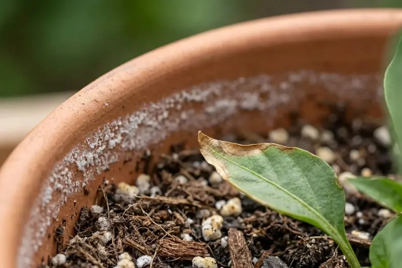 White mineral salt crust around the interior rim and soil line of a terracotta container next to a leaf with a browned tip.