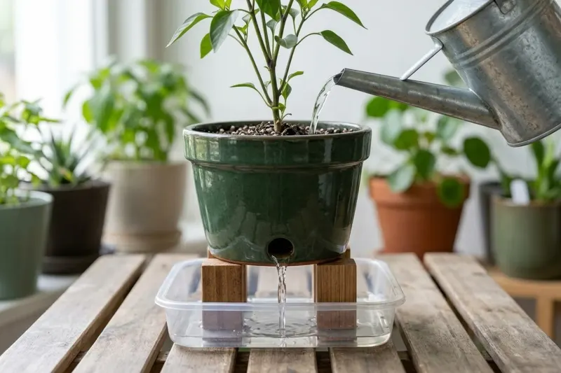 A ceramic container elevated on small wooden risers as rinse water drains freely through the base drainage hole into an empty drip tray.