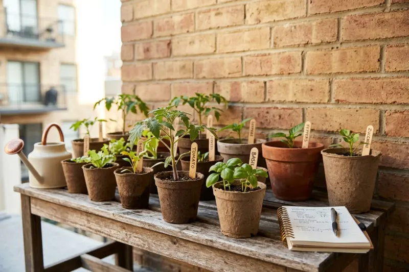 AI concept illustration of vegetable seedling starter pots resting on a wooden balcony bench near an exterior brick wall