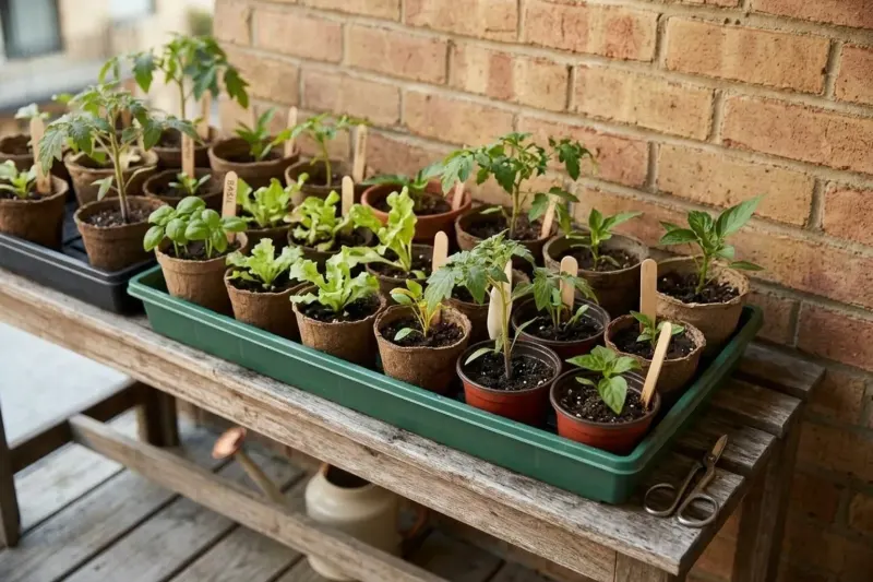 AI concept illustration of a seedling flat positioned against a brick wall under a porch overhang in gentle morning light