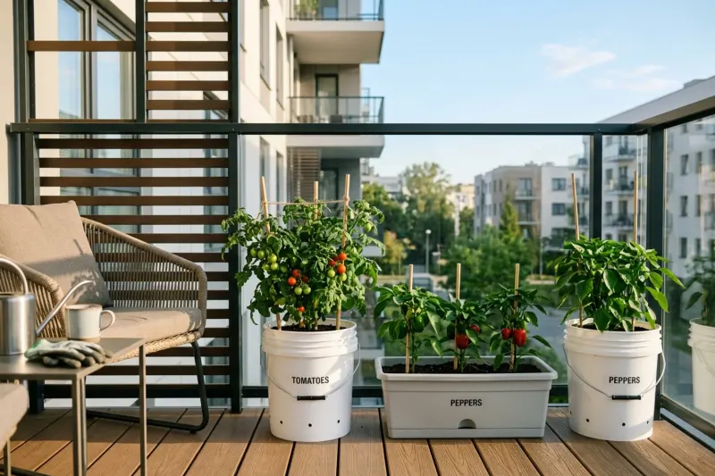 An AI concept illustration of clean food-safe plastic containers holding vegetable plants on a sunlit balcony deck.