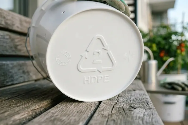 An AI concept illustration showing the embossed recycling symbol number two on the base of a plastic garden pot.