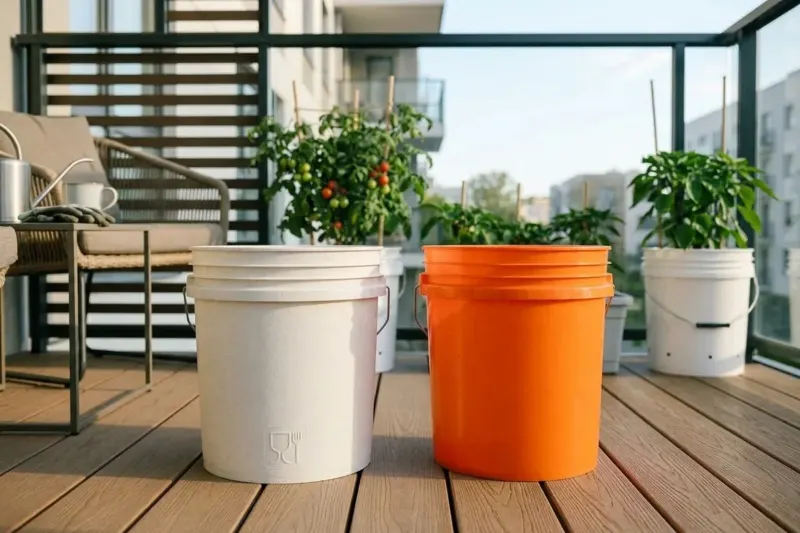 An AI concept illustration comparing an off-white food-certified bucket to a standard colored utility pail.