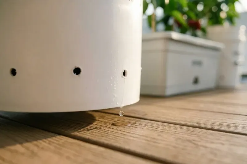 An AI concept illustration detailing drilled perimeter drainage holes along the bottom rim of a plastic vegetable planter.