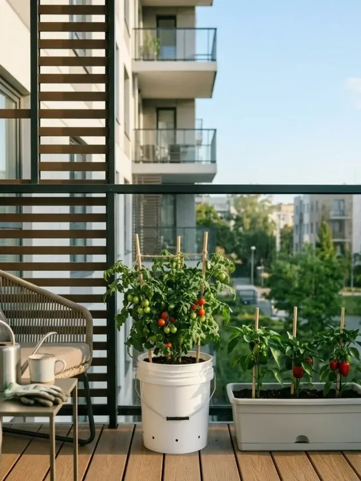 AI concept rendering of a sunlit balcony vegetable garden featuring lush plants in light-colored containers.