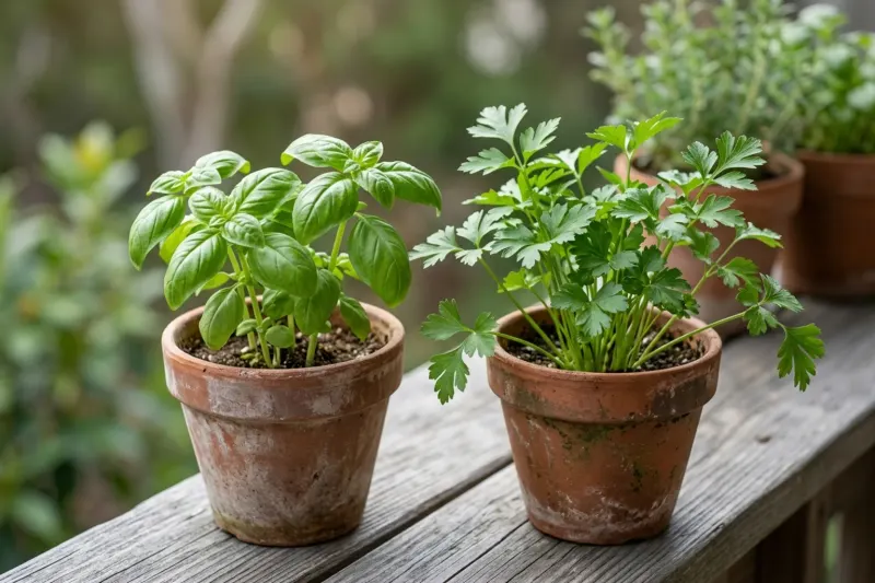 AI concept illustration of potted basil and parsley planters on an open apartment balcony in soft morning sunlight.
