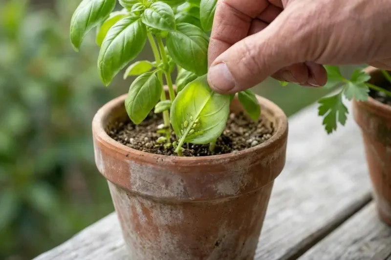 AI concept illustration of a potted basil plant on a balcony table with a close view of green aphids clustered under a leaf blade.