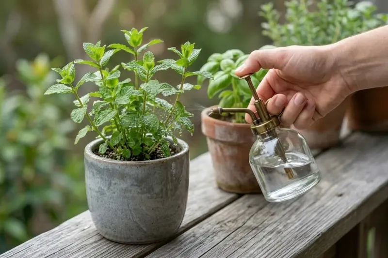 AI concept illustration of a hand-held spray bottle applying a fine mist to the undersides of potted herb leaves on a balcony.