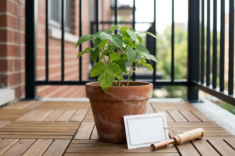 AI concept illustration of a potted bush bean plant on an apartment balcony showing early signs of spider mite stippling in morning light.