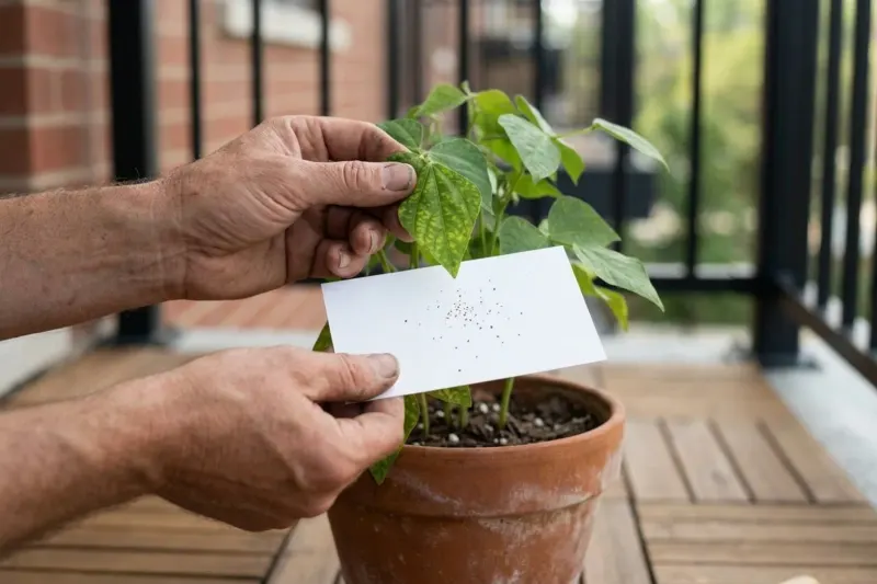 AI concept illustration of tapping a potted bean leaf over a white card to detect spider mites on a balcony.