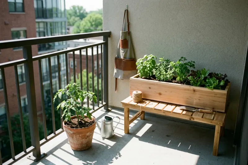 Photograph of an urban balcony floor showing sharp direct sunlight along the railing and deep shade toward the interior wall.