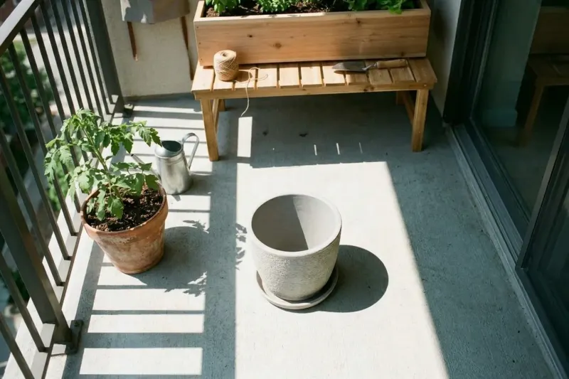 Balcony floor showing a sharp diagonal shadow line cast by the railing during a sunlight assessment.